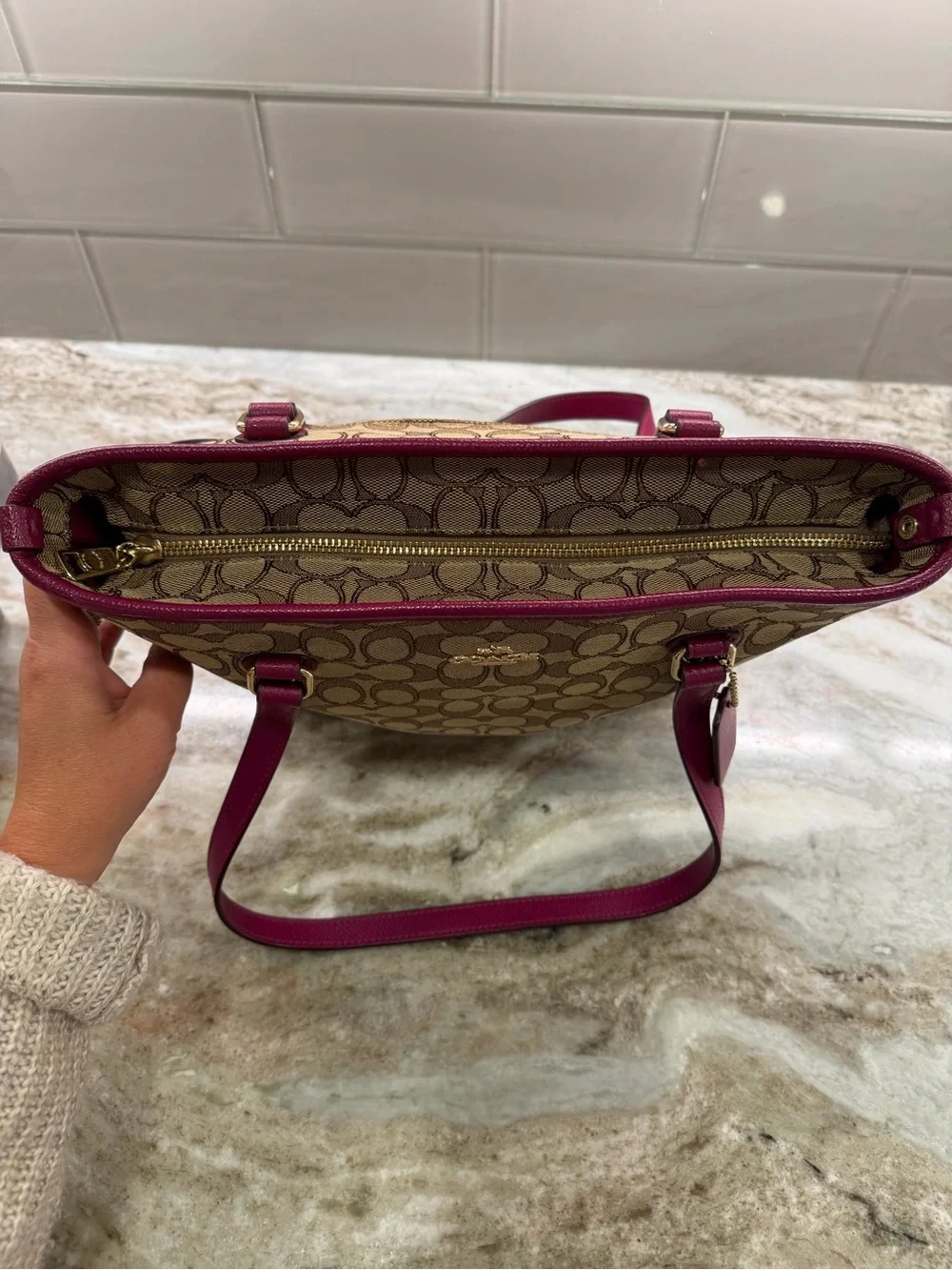 Coach Khaki Signature Canvas Tote with Berry Trim